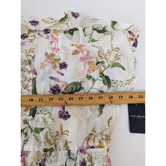 Lucky Brand Womens Antique Floral Peasant Midi Dress Size Large Smocked Flutter - Picture 11 of 11